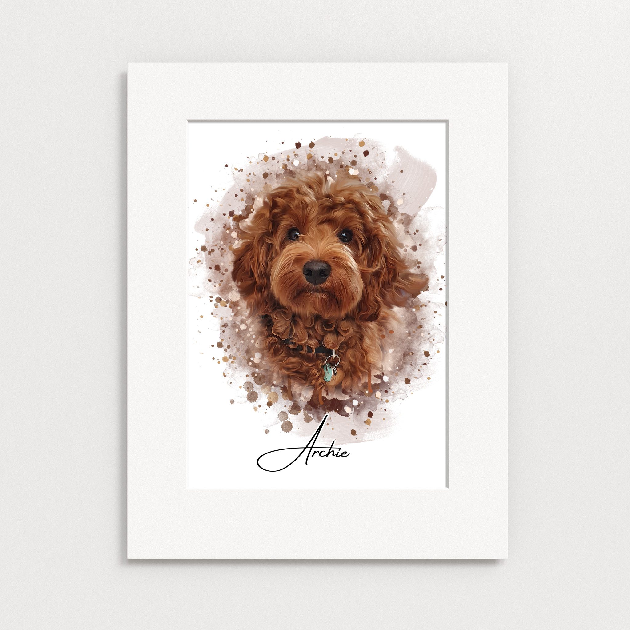 Your pet drawn as a watercolour image and printed as a black framed mounted poster print