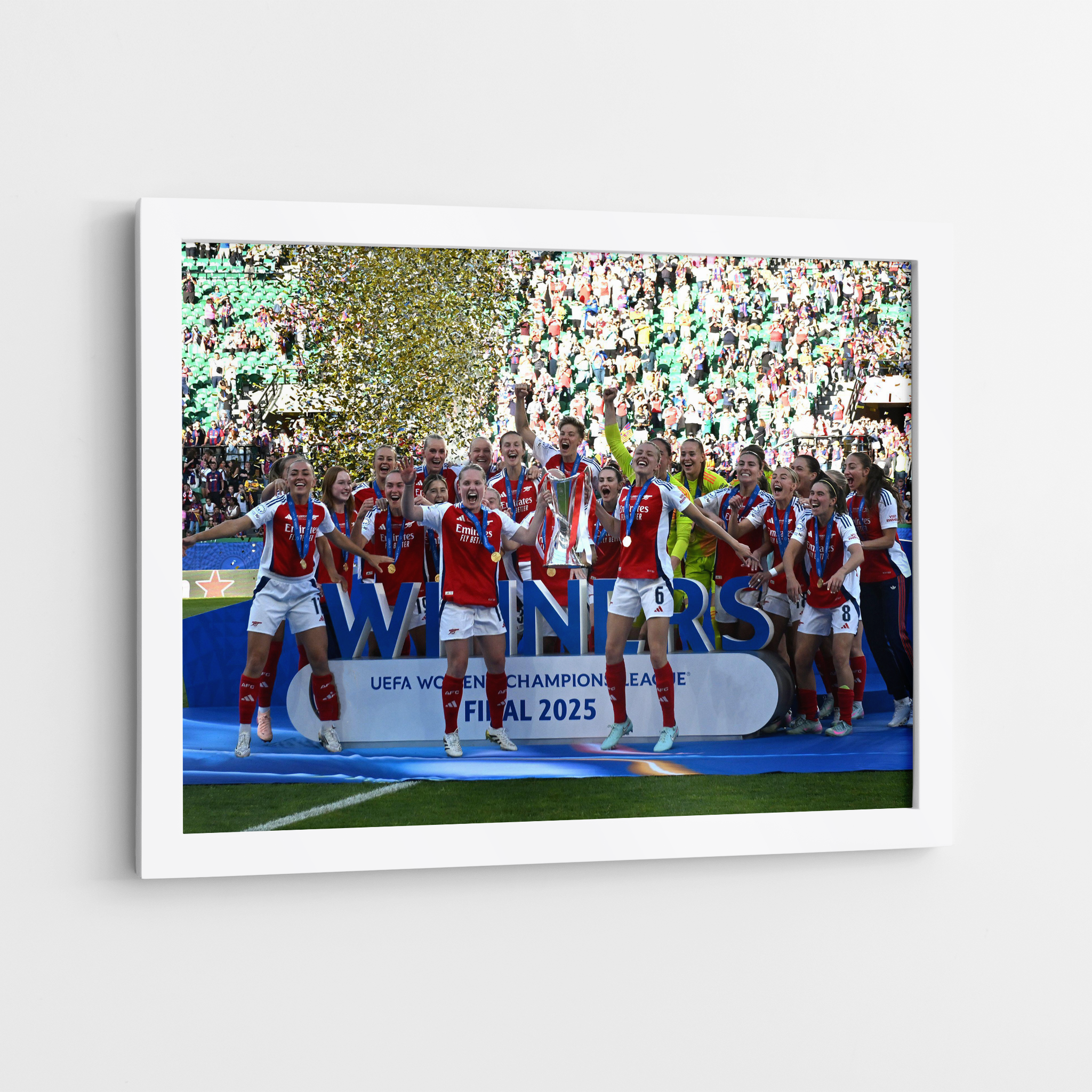 Arsenal Ladies Champions League Winners 24/25 White Framed Print