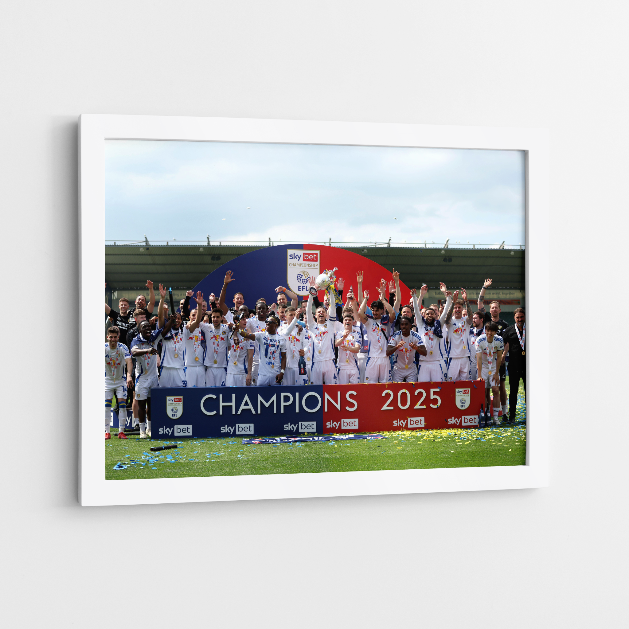Leeds United Championship Winners 24/25 White Framed Canvas Print